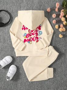 SHEIN Young Girl 2pcs Letter Printed Hooded Sports Jacket And Pants Set, Spring And Autumn - Apricot - View 1