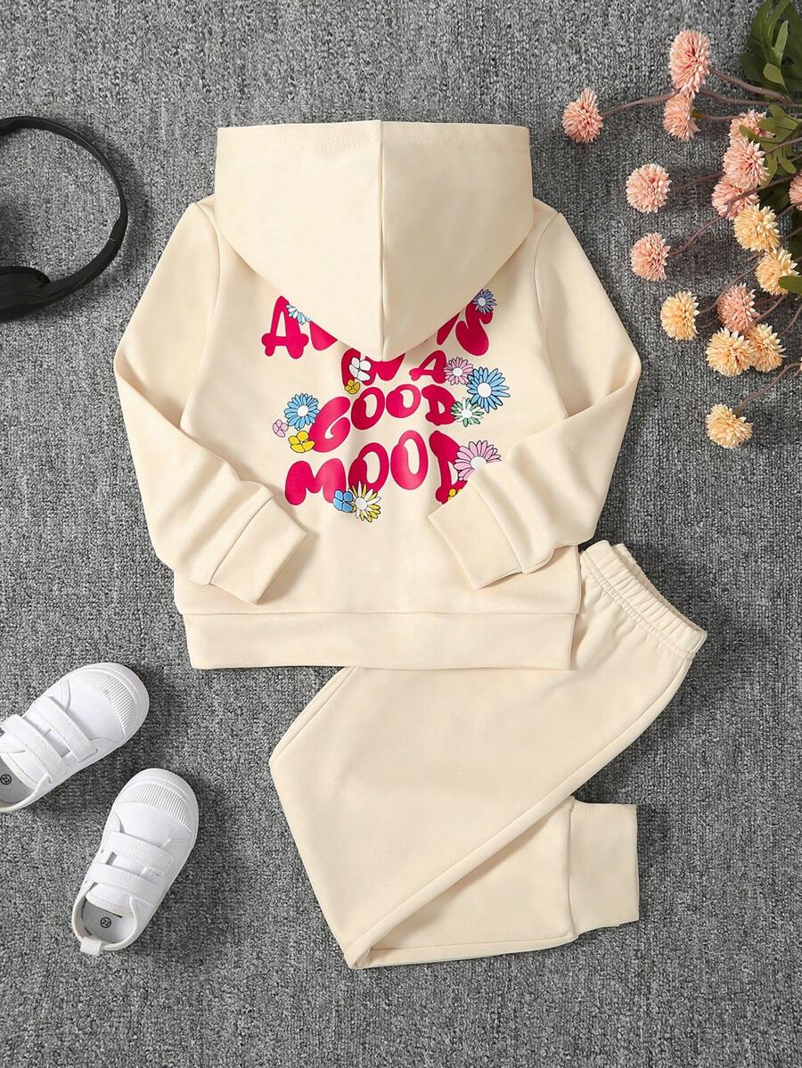 SHEIN Young Girl 2pcs Letter Printed Hooded Sports Jacket And Pants Set, Spring And Autumn - Apricot - View 1