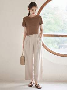 DAZY 素色紋理質感T恤 - 棕色 - 查看 5