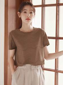 DAZY 素色紋理質感T恤 - 棕色 - 查看 8