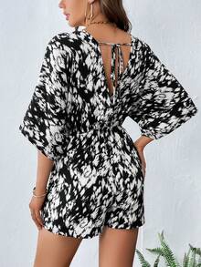 SHEIN Privé Allover Print Batwing Sleeve Romper - Black and White - View 2
