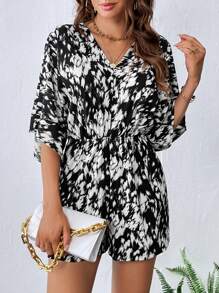SHEIN Privé Allover Print Batwing Sleeve Romper - Black and White - View 1