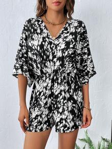 SHEIN Privé Allover Print Batwing Sleeve Romper - Black and White - View 6