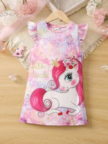 SHEIN Young Girl Unicorn & Letter Graphic Ruffle Trim Dress - Multicolor - View 1