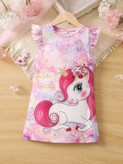 SHEIN Young Girl Unicorn & Letter Graphic Ruffle Trim Dress