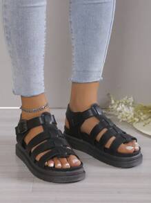 Women Buckle Decor Flat Sandals, Vacation Black Gladiator Sandals For Summer