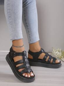 Women Buckle Decor Flat Sandals, Vacation Black Gladiator Sandals For Summer
