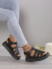 Women Buckle Decor Flat Sandals, Vacation Black Gladiator Sandals For Summer