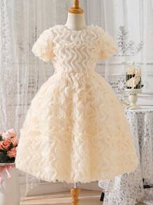 SHEIN Cô gái Tween Dễ thương Và Thanh lịch Sữa Màu sắc Bowknot , Nhỏ bé Vòng cổ Mô hình sóng Đầm , Mùa thu - Màu be - Xem 2