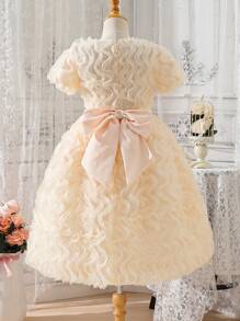 SHEIN Cô gái Tween Dễ thương Và Thanh lịch Sữa Màu sắc Bowknot , Nhỏ bé Vòng cổ Mô hình sóng Đầm , Mùa thu - Màu be - Xem 1