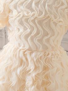 SHEIN Cô gái Tween Dễ thương Và Thanh lịch Sữa Màu sắc Bowknot , Nhỏ bé Vòng cổ Mô hình sóng Đầm , Mùa thu - Màu be - Xem 3