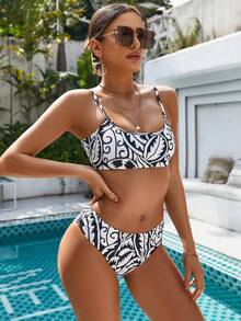 UNIQUE21 Allover Print Bikini Set For Summer Beach - Black and White - View 4