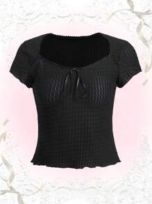 ROMWE 大碼素色前打結T恤 - 黑色 - 查看 1