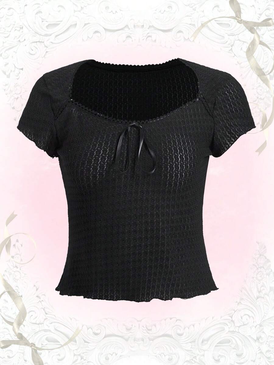 ROMWE 大碼素色前打結T恤 - 黑色 - 查看 1