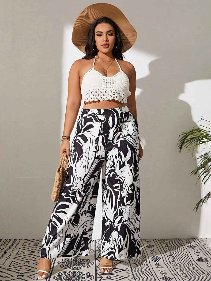 SHEIN VCAY Plus Allover Print Wide Leg Pants - Black and White - View 1