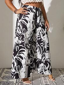 SHEIN VCAY Plus Allover Print Wide Leg Pants - Black and White - View 3