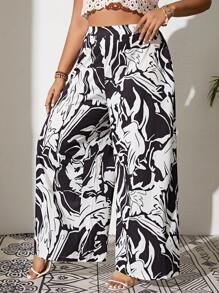 SHEIN VCAY Plus Allover Print Wide Leg Pants - Black and White - View 4