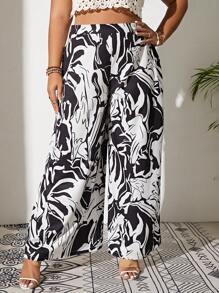 SHEIN VCAY Plus Allover Print Wide Leg Pants - Black and White - View 5