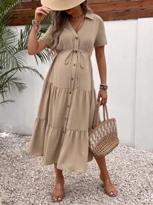 SHEIN Maternity Button Front Ruffle Hem Belted Shirt Dress
