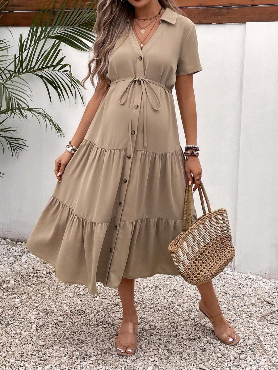 SHEIN Maternity Button Front Ruffle Hem Belted Shirt Dress