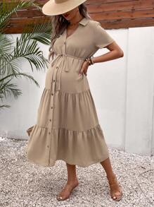 SHEIN Maternity Button Front Ruffle Hem Belted Shirt Dress