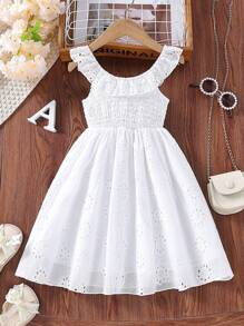 Niñas Vestido con bordado con ojal ribete con fruncido - Blanco - Ver 1
