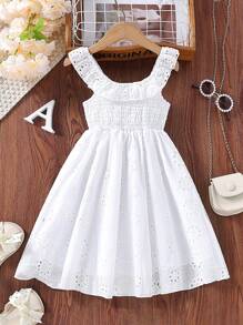 Niñas Vestido con bordado con ojal ribete con fruncido - Blanco - Ver 2