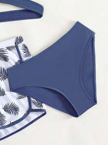 Teen Girls Tropical Print Wrap Bikini Set With Swim Shorts Summer Beach