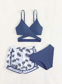 Teen Girls Tropical Print Wrap Bikini Set With Swim Shorts Summer Beach