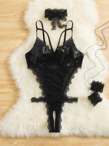 Plus 4pack Contrast Lace Underwire Costume Set - Black - View 4