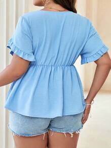 Celure Áo sơ mi Plus Size Xù Viên lá sen màu trơn Giải trí - Màu xanh lam - Xem 2