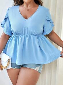 Celure Áo sơ mi Plus Size Xù Viên lá sen màu trơn Giải trí - Màu xanh lam - Xem 7