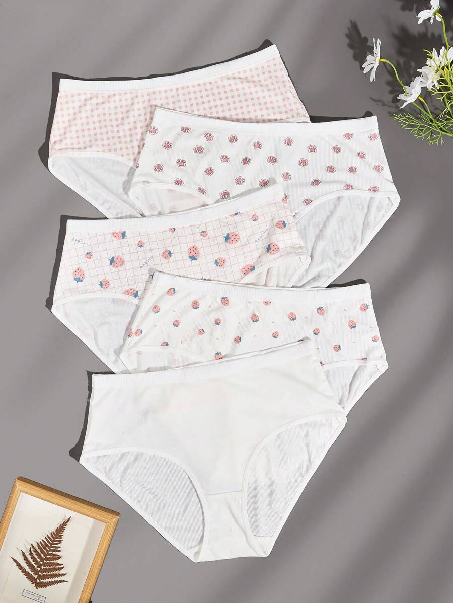 大碼5件草莓圖案內褲 - 彩色 - 查看 1