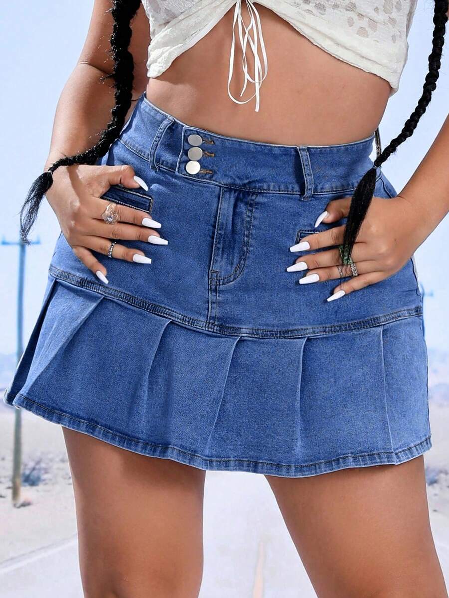 SHEIN ICON 大碼素色百褶下擺牛仔半身裙 - 中等水洗藍 - 查看 1