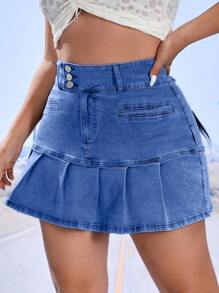 SHEIN ICON 大碼素色百褶下擺牛仔半身裙 - 中等水洗藍 - 查看 3