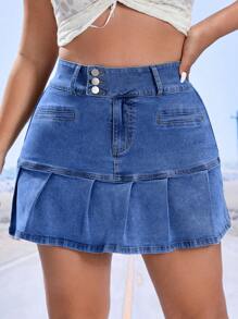 SHEIN ICON 大碼素色百褶下擺牛仔半身裙 - 中等水洗藍 - 查看 4