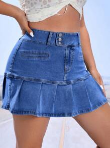 SHEIN ICON 大碼素色百褶下擺牛仔半身裙 - 中等水洗藍 - 查看 5