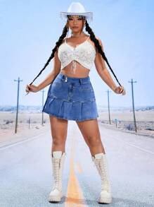 SHEIN ICON 大碼素色百褶下擺牛仔半身裙 - 中等水洗藍 - 查看 7