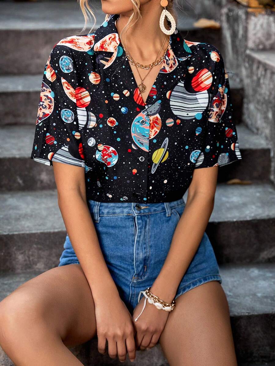 SHEIN LUNE Planet Print Button Front Shirt - Black - View 1