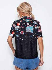 SHEIN LUNE Planet Print Button Front Shirt - Black - View 2