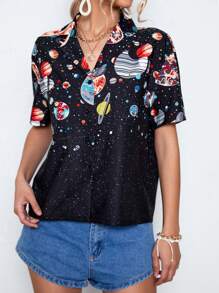SHEIN LUNE Planet Print Button Front Shirt - Black - View 3