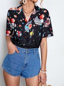 SHEIN LUNE Planet Print Button Front Shirt - Black - View 4