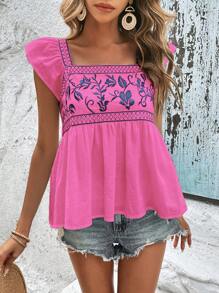 SHEIN VCAY Blusa con bordado de planta ribete con fruncido - Rosa Fucsia - Ver 1