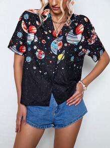 SHEIN LUNE Planet Print Button Front Shirt - Black - View 6