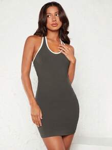 SHEIN BASICS Đầm Lộ Lưng Tương phản ràng buộc màu trơn Gợi cảm - Màu xám đen - Xem 1