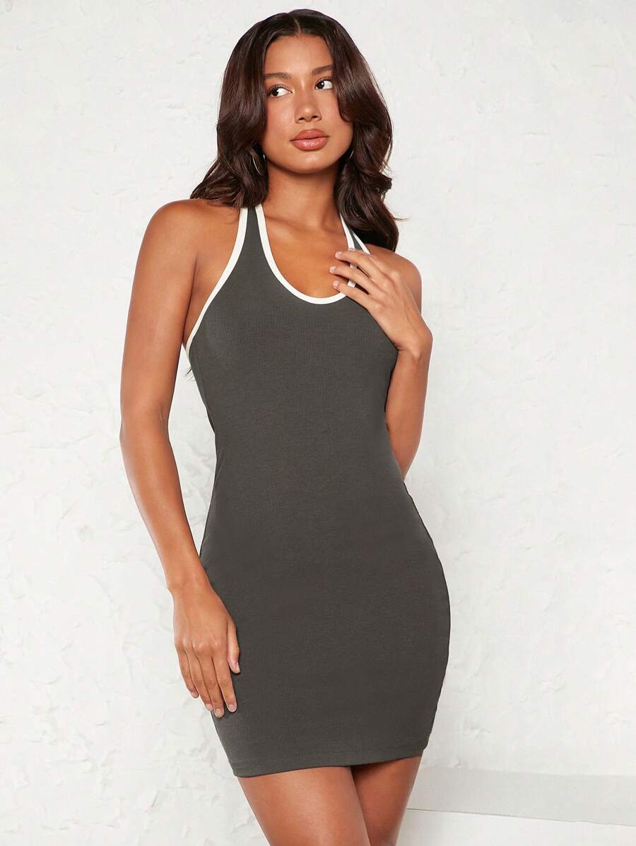 SHEIN BASICS Đầm Lộ Lưng Tương phản ràng buộc màu trơn Gợi cảm - Màu xám đen - Xem 1