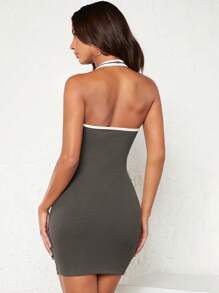 SHEIN BASICS Đầm Lộ Lưng Tương phản ràng buộc màu trơn Gợi cảm - Màu xám đen - Xem 3