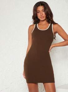 SHEIN BASICS Contrast Binding Tank Dress - Chocolate Brown - View 4