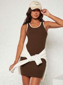 SHEIN BASICS Contrast Binding Tank Dress - Chocolate Brown - View 5