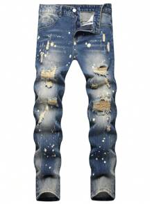 Nam In Splash Ink Rách Frayed Rửa thuốc tẩy Quần jean - Rửa trung bình - Xem 1